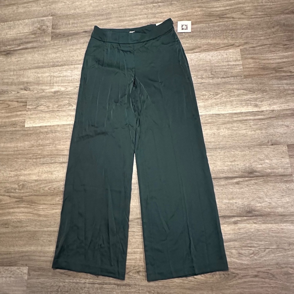 Anne Klein Wide Leg Pants Womens 6 Dark Green Satin Look Dress Trousers NWT